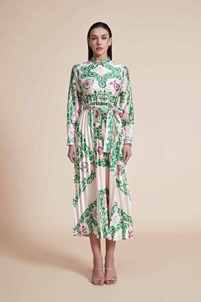 Yola Floral Pleated Midi Dress with Long Sleeves and Shirt Collar