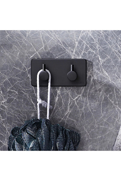 ardini Adhesive Rectangular Stick with 2 Hooks, Matte Black, 2 Pieces in a Package