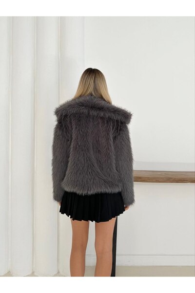 MODAMERSİ Γυναικείο γούνινο παλτό με λεπτομέρεια με κουμπιά ανθρακί