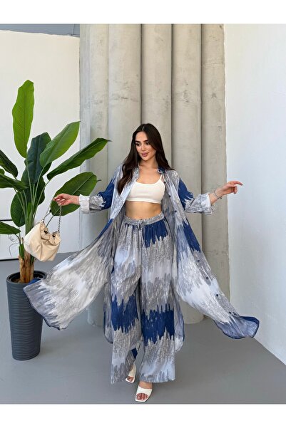 Tubik طقم قفطان نسائي مكون من قميص وبنطلون بتصميم منقوش مع جيوب ورباط عند الخصر