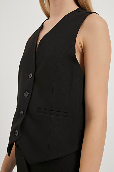 Arma Life Women's Buttoned Lined Thick Strap Black Crop Vest