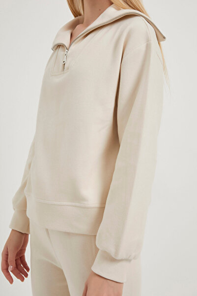 Arma Life Kadın Yarım Fermuarlı Basic Bol Krem Sweatshirt