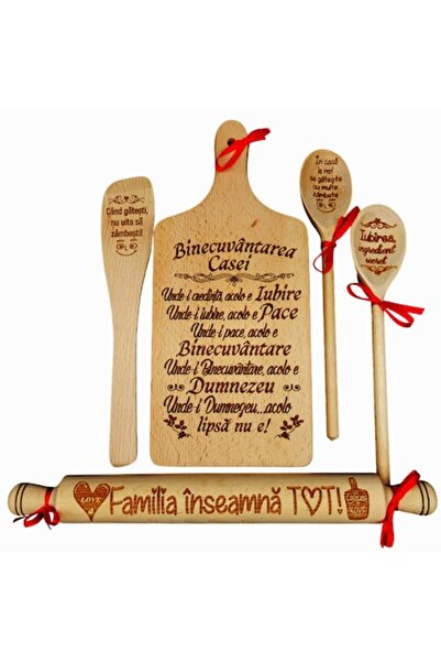 OEM Set de bucatarie personalizat "Binecuvantarea casei", 5 piese - Tocator, Linguri, Paleta de lemn si