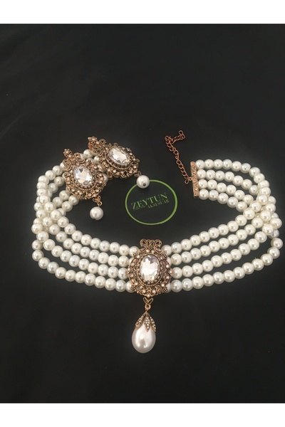 ZEYTUN Vintage Pearl Necklace & Earring Set – 4 Rows of Glass Pearls, Special Occasion Jewelry Set with Stones