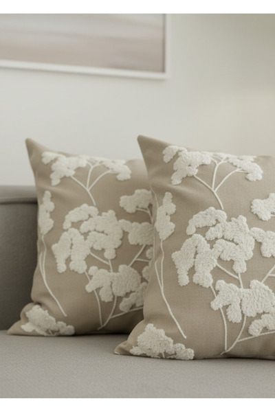 Destiva Home Buldan İşi Sakura Pattern Punch Embroidered Linen Look Throw Pillow Cover - 2 Throw Pillow Covers (43X43 cm)
