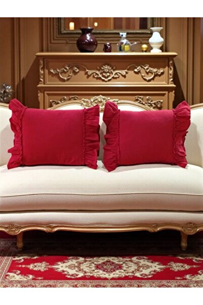 shules collection Red Linen Bohemian Ruffled Vintage 2-Piece Rectangular Throw Pillow Cover