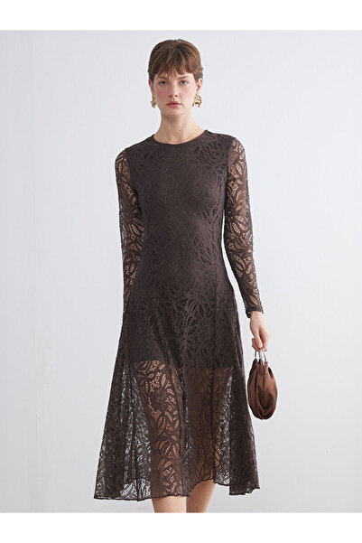 LC Waikiki Mg trend'en brown crew neck lace dress