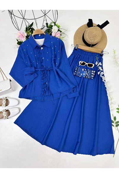 YEDİLALE Sav.Aroski̇ Stone-Embellished Waist-Tie Shirt Skirt Dual-Piece Set [38-46 Size Range]