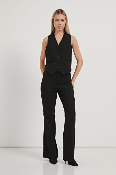 Arma Life Women's Buttoned Lined Thick Strap Black Crop Vest