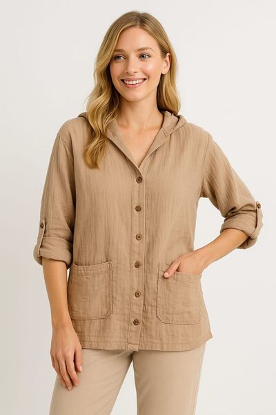 enmodaiçgiyim Taş Rengi %100 Pamuk Müslin Kumaş Kapüşonlu Cepli Gömlek - Rahat Kalıp, Katlanabilir Kollu