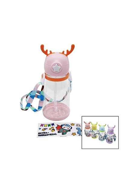 Go İthalat Deer Model Children's Water Bottle with Straw and Strap (5273)