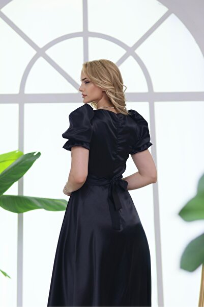 ASLIHANGÜNER MARİBEL SATEN MİDİ KARE YAKA KISA KOLLU ABİYE MEZUNİYET DAVET ELBİSESİ