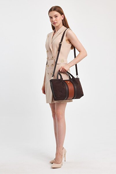 Aron Atelier Havana Fabric Detailed Stripe Patterned Medium Size Women's Hand and Crossbody Bag (12X23X34)