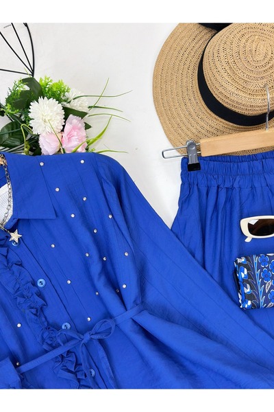 YEDİLALE Sav.Aroski̇ Stone-Embellished Waist-Tie Shirt Skirt Dual-Piece Set [38-46 Size Range]