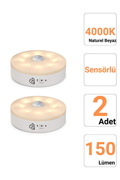 Ema Dükkan 2 ADET Sensörlü Led Kabin Işığı 4000K USB Şarjlı Hareket Algılamalı Dolap Altı Gece Lambası