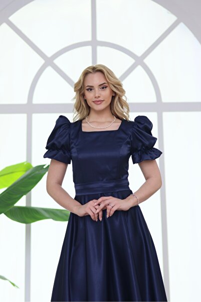 ASLIHANGÜNER MARİBEL SATEN MİDİ KARE YAKA KISA KOLLU ABİYE MEZUNİYET DAVET ELBİSESİ