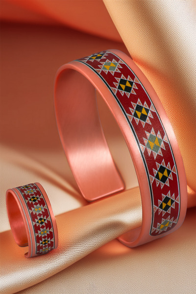 OSMANLI GÜMÜŞ Women's Copper Bracelet Ring Set - Natasha Model Special Edition Metal Box and Quartz Stone