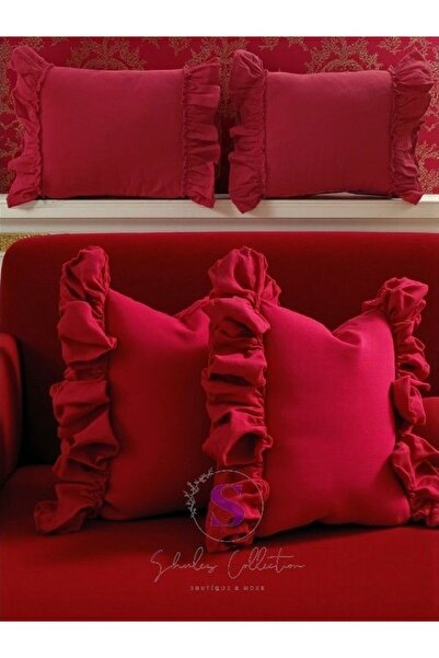 shules collection Red Linen Bohemian Ruffled Vintage 2-Piece Rectangular Throw Pillow Cover