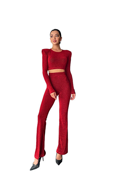 FashionForYou Special occasion outfit, Vayana, cropped top with oversized shoulders and flared pants, Red
