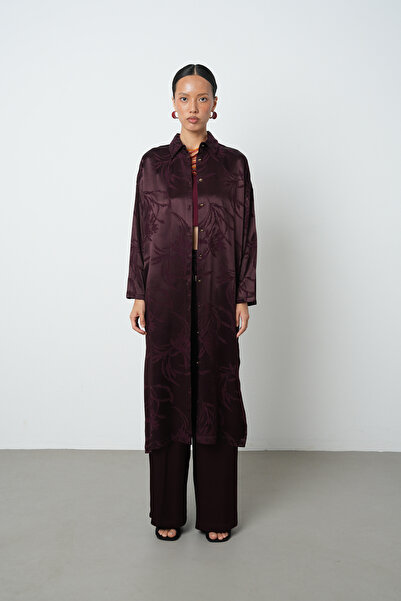 Orfeo Negro Γυναικείο μακρύ τουνίκ πουκάμισο-φόρεμα με μοτίβο φύλλων σε μπορντό χρώμα