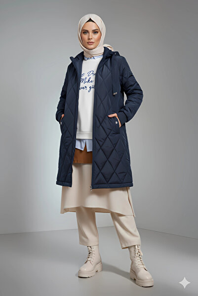 hazelin Women's Navy Blue Long Quilted Lined Puffer Hijab Coat Hzl25W-Bd151381