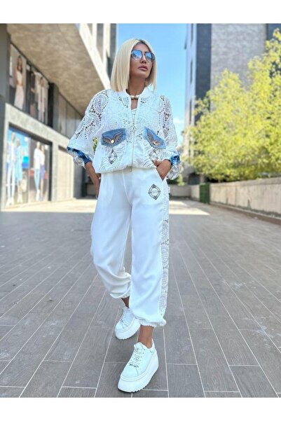 Kokoşum Butik 9078 طقم جينز مزين بالدانتيل باللون الأبيض