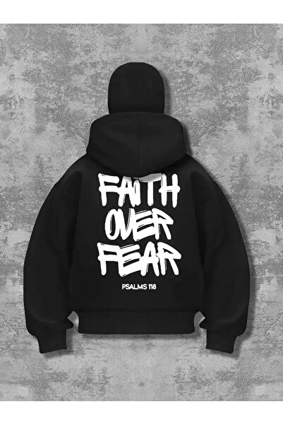 Gofeel Hanorac cu glugă cu imprimeu Fait Over Fear, negru, supradimensionat, ...