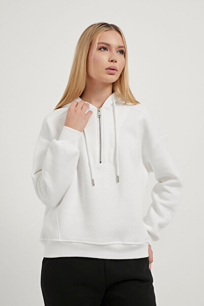 Arma Life Women's Half Zipper Hooded White Loose Sweatshirt