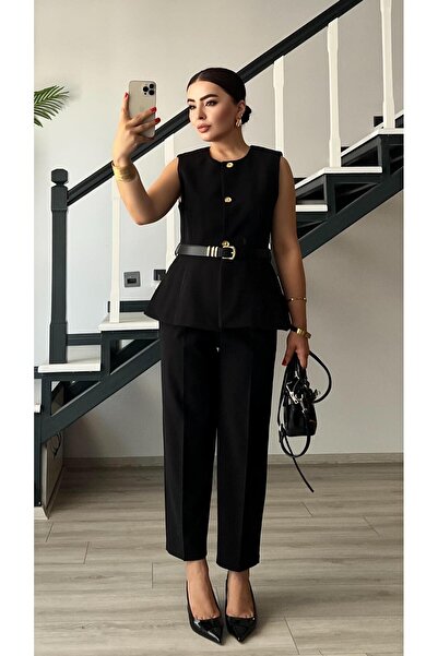 Oslove Black belted double crepe trousers