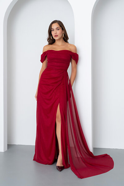 Lafaba Women's Burgundy Boat Neck Draped Slit Long Glitter Evening Dress