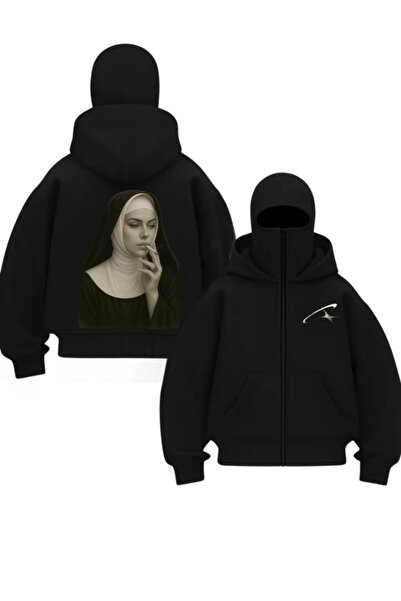 Gofeel Cardigan supradimensionat cu imprimeu Harajuku, negru, unisex, cu masc...