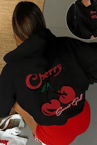 LOUİSA سويت شيرت نسائي أسود بقلنسوة مطبوع عليه الكرز من الأمام والخلف