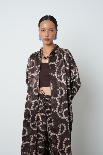 Orfeo Negro Γυναικείο πουκάμισο-φόρεμα μακρύ τουνίκ με καφέ σχέδιο