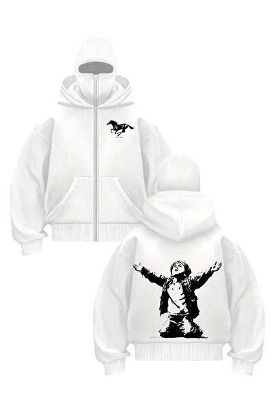 Gofeel Harajuku Λευκή Unisex Ζακέτα με στάμπα Redemption και μάσκα χιονιού, σ...