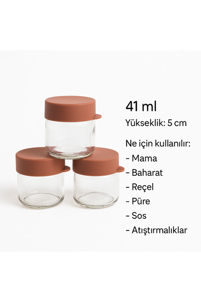 ermaslicon 3’lü Mini Cam Kavanoz – 41 ml – Silikon Kapaklı – Mama, Baharat, R...