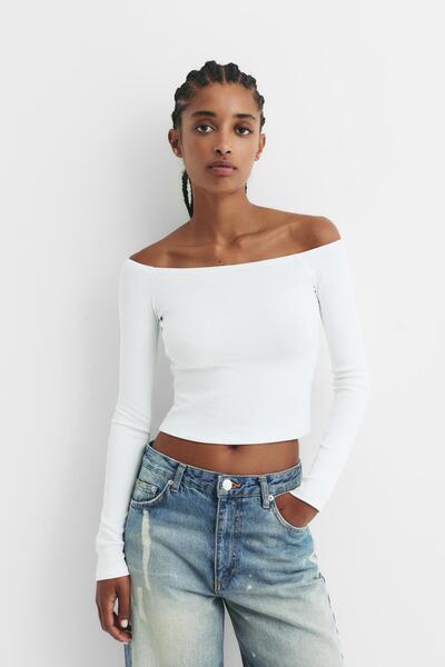 Pull & Bear Ribbed Bardot Top
