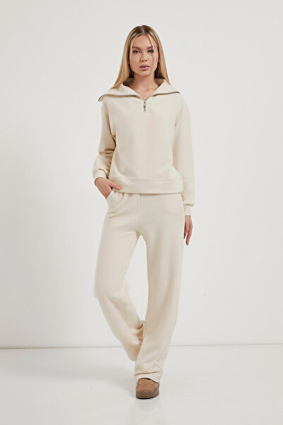 Arma Life Kadın Yarım Fermuarlı Basic Bol Krem Sweatshirt