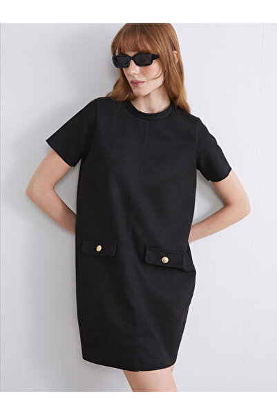 LC Waikiki Black Crew Neck Suede Mini Dress