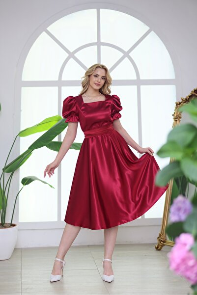 ASLIHANGÜNER MARİBEL SATEN MİDİ KARE YAKA KISA KOLLU ABİYE MEZUNİYET DAVET ELBİSESİ