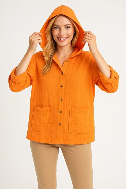 enmodaiçgiyim Orange Color 100% Cotton Muslin Fabric Hooded Pocket Shirt - Comfortable Fit, Foldable Sleeves