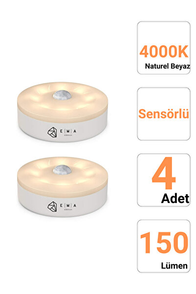 Ema Dükkan 4 ADET Sensörlü Led Kabin Işığı 4000K USB Şarjlı Hareket Algılamalı Dolap Altı Gece Lambası