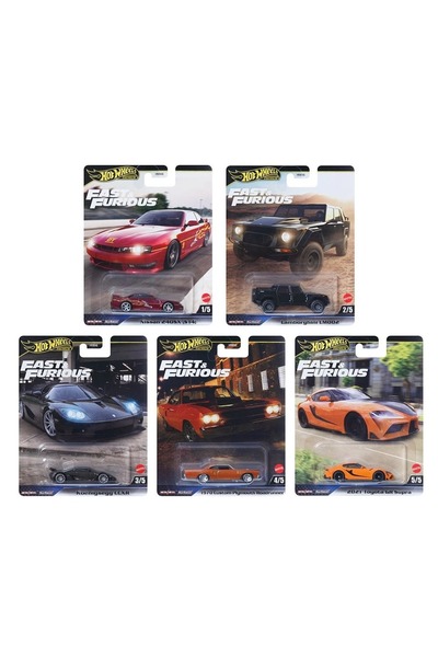 HOT WHEELS Premium Fast & Furious 5’li Set – Nissan 240SX, Lamborghini LM002, GR Supra 1:64