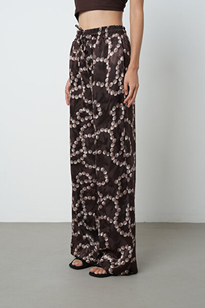 Orfeo Negro Γυναικείο παντελόνι με κορδόνια με καφέ σχέδιο με ελαστική μέση