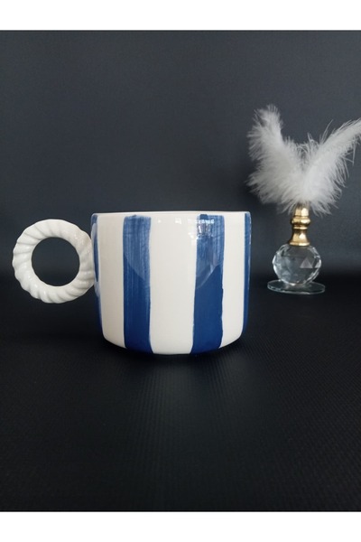 Zümrüdüanka Seramik كوب سيراميك مصنوع يدويًا بخطوط زرقاء داكنة