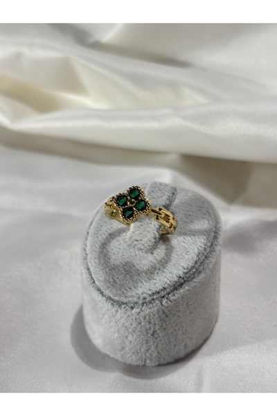Uzak Işıklar Yonca yeşil zirkon taşlı gold çelik yüzük