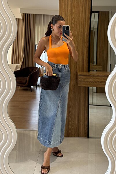 Gizem Ecemiş Loved Ön Dikiş Detaylı Denim Maxi Etek