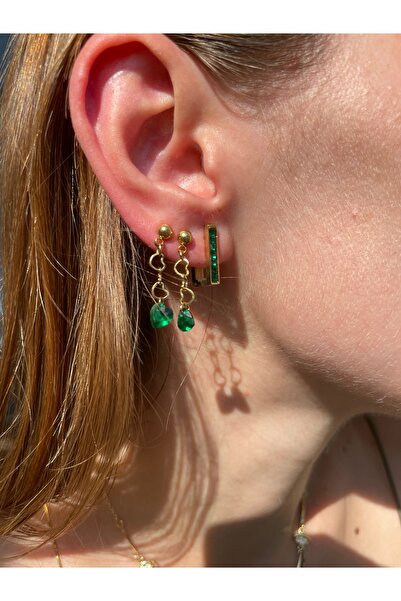 Hora Zirkon Zümrüt Gönülü Kare Form Gold Çelik Küpe