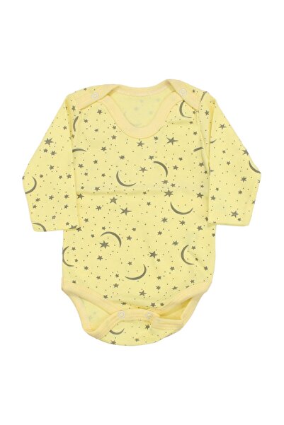 bebegen Unisex Yellow Moon and Star Patterned Long Sleeve Snap-On Bodysuit