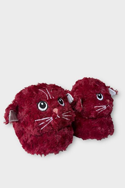 İpek Women's Cute Cat Figured Plush Slippers Bordo
