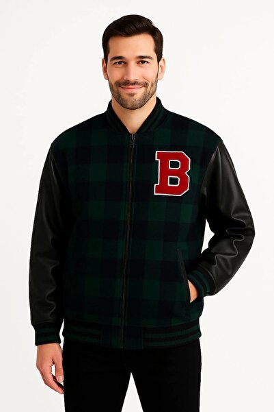 Exbob Men's College Jacket – Checkered Lumberjack Fabric, Faux Leather Sleeves, Zipper Closure, Quilted Lining Inside, Embroidered